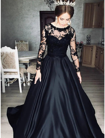 Ball Gown Evening Gown Princess Dress Prom Wedding Party Floor Length Long Sleeve Jewel Neck Wednesday Addams Family Satin with Appliques