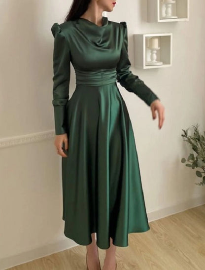 A-Line Cocktail Dress Red Green Dresses Elegant Dress Wedding Guest Fall Tea Length Long Sleeve Cowl Neck Bridesmaid Dress Red Green Dress Satin with Ruched