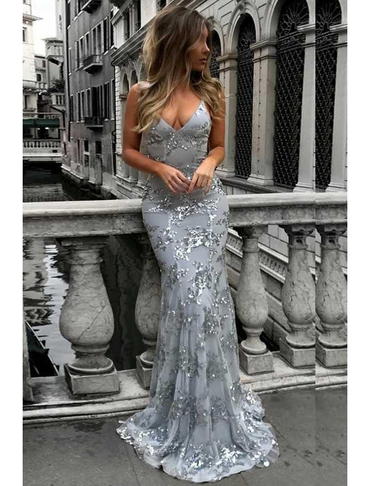 Mermaid / Trumpet Prom Dresses Sparkle & Shine Dress Formal Sweep / Brush Train Sleeveless V Neck Lace with Sequin