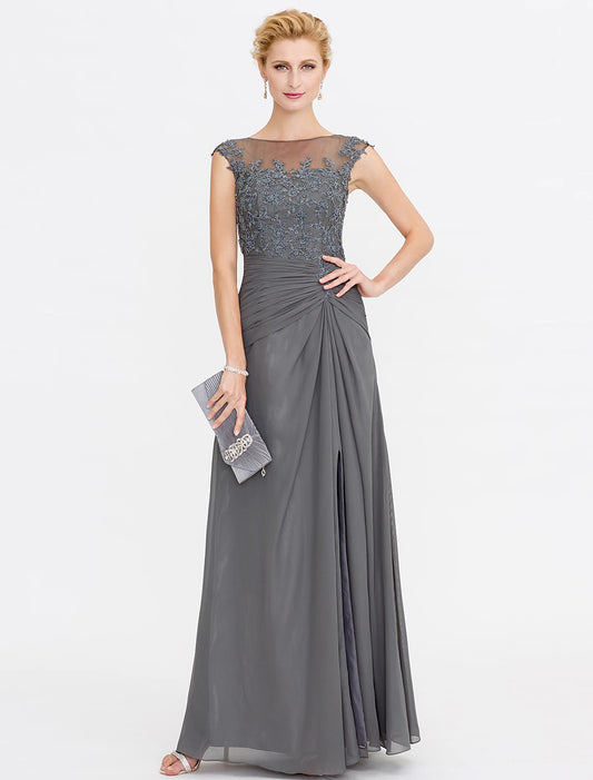 A-Line Mother of the Bride Dress Elegant See Through Bateau Neck Floor Length Chiffon Lace Sleeveless with Side Draping