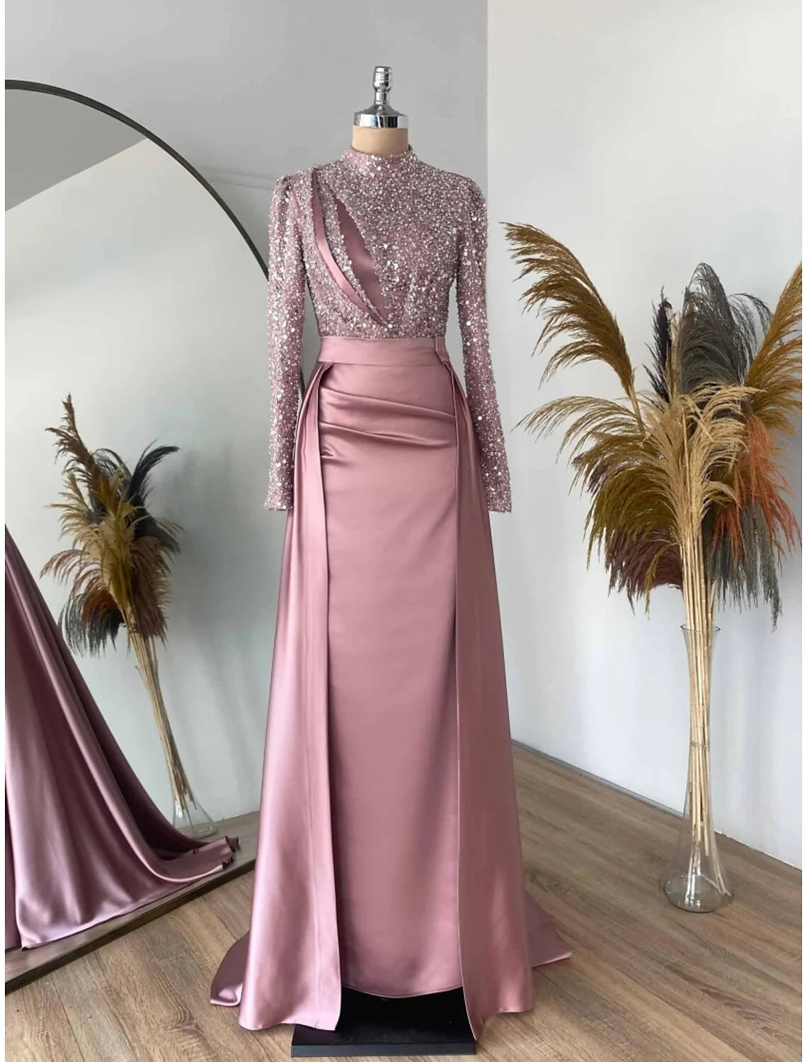 Sheath / Column Evening Gown Sparkle & Shine Dress Formal Sweep / Brush Train Long Sleeve Jewel Neck Satin with Pleats Ruched Sequin