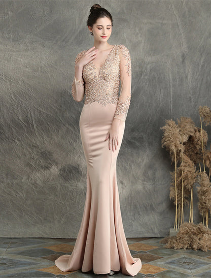 Mermaid / Trumpet Prom Dresses Elegant Dress Formal Sweep / Brush Train Long Sleeve V Neck Cotton Blend with Beading Appliques