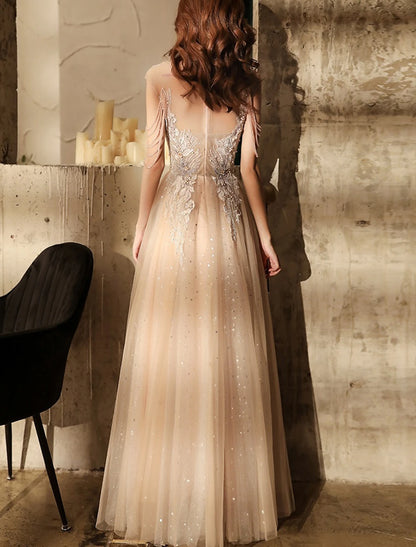 A-Line Sparkle Elegant Wedding Guest Engagement Dress Illusion Neck Short Sleeve Floor Length Tulle with Sequin Tassel Appliques