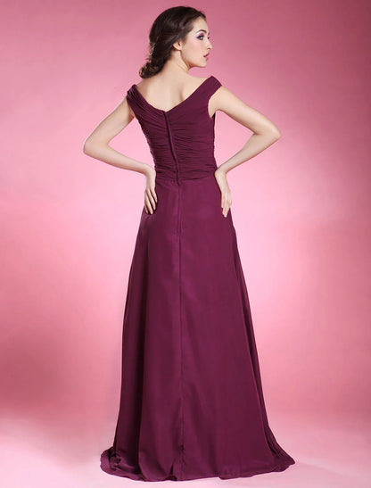 A-Line Mother of the Bride Dress Off Shoulder V Neck Floor Length Chiffon Short Sleeve with Criss Cross Side Draping