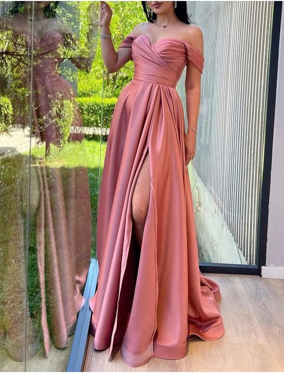 A-Line Prom Dresses High Split Dress Wedding Guest Formal Evening Sweep / Brush Train Short Sleeve Off Shoulder Satin with Slit Pure Color