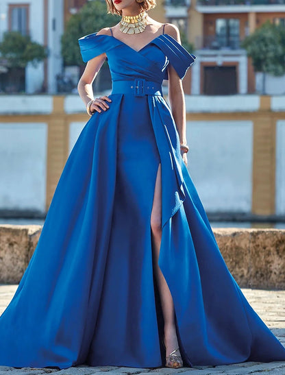 A-Line Evening Gown Elegant Dress Formal Floor Length Short Sleeve Off Shoulder Satin with Slit