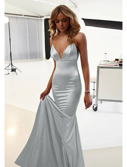 Mermaid / Trumpet Wedding Guest Dresses Sexy Dress Prom Black Tie Gala Floor Length Sleeveless Spaghetti Strap Cotton Backless with Ruched