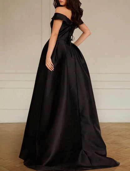 Black Wedding Dresses Formal A-Line Off Shoulder Sleeveless Sweep / Brush Train Satin Fall Halloween Engagement Bridal Gowns With Pleats Split Front