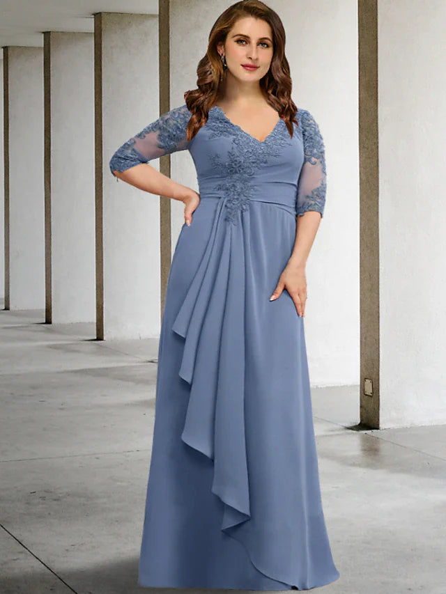 A-Line Plus Size Curve Mother of the Bride Dresses Elegant Dress Formal Floor Length Half Sleeve V Neck Chiffon with Pleats Appliques