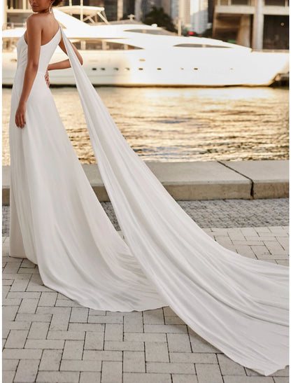 Hall Formal Wedding Dresses A-Line One Shoulder Sleeveless Court Train Chiffon Bridal Gowns With Pleats Split Front