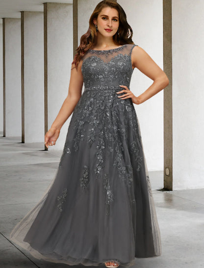 A-Line Plus Size Curve Mother of the Bride Dresses Elegant Dress Formal Floor Length Sleeveless Jewel Neck Lace with Beading Sequin Appliques