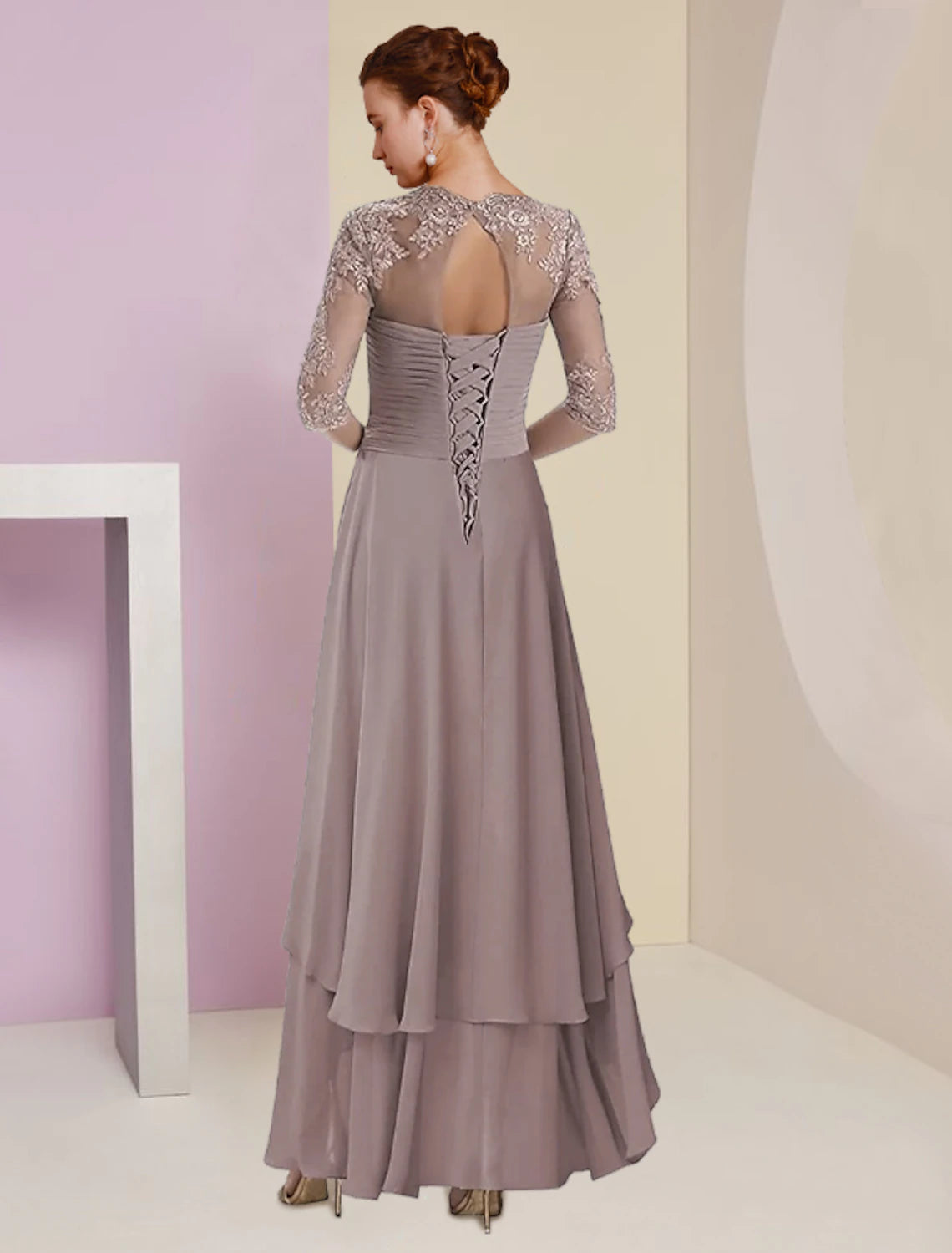 Two Piece A-Line Mother of the Bride Dress Formal Wedding Guest Elegant Square Neck Asymmetrical Tea Length Chiffon Lace 3/4 Length Sleeve Wrap Included with Ruched Tier Appliques