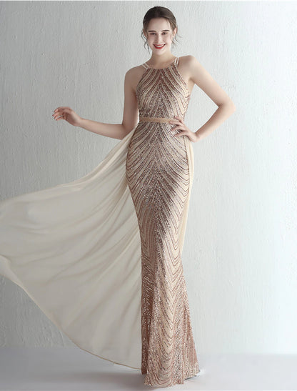 Mermaid / Trumpet Prom Dresses Elegant Dress Formal Floor Length Sleeveless Halter Chiffon with Beading Sequin