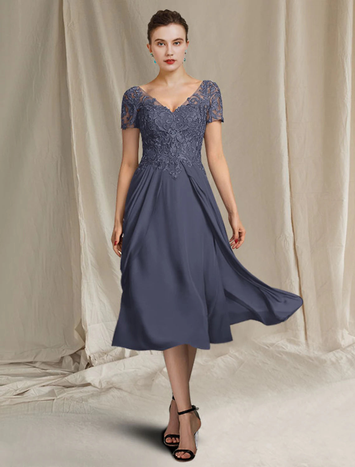 A-Line Mother of the Bride Dress Plus Size Elegant V Neck Tea Length Chiffon Lace Short Sleeve Wrap Included with Applique