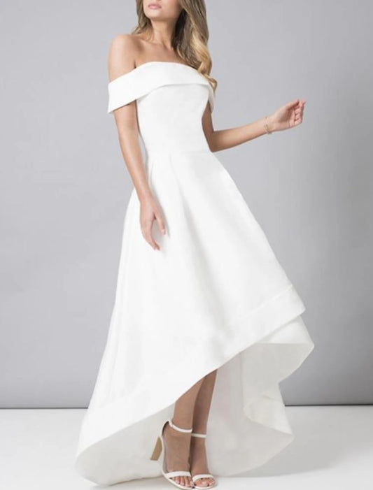 Bridal Shower Little White Dresses Wedding Dresses A-Line Off Shoulder Sleeveless Asymmetrical Satin Bridal Gowns With Solid Color