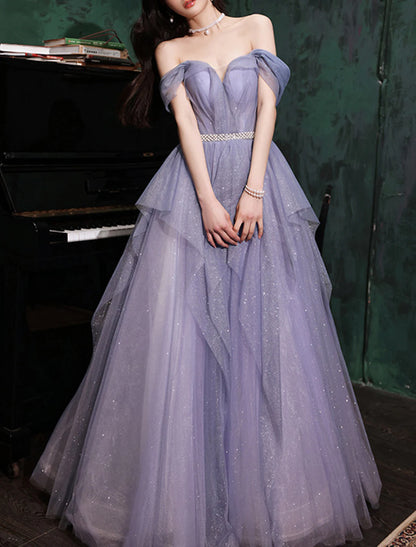 A-Line Prom Dresses Sparkle & Shine Dress Wedding Guest Birthday Floor Length Sleeveless Off Shoulder Tulle with Sequin