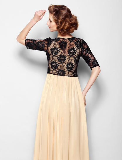 A-Line Mother of the Bride Dress Wrap Included V Neck Floor Length Chiffon Lace Half Sleeve yes with Lace