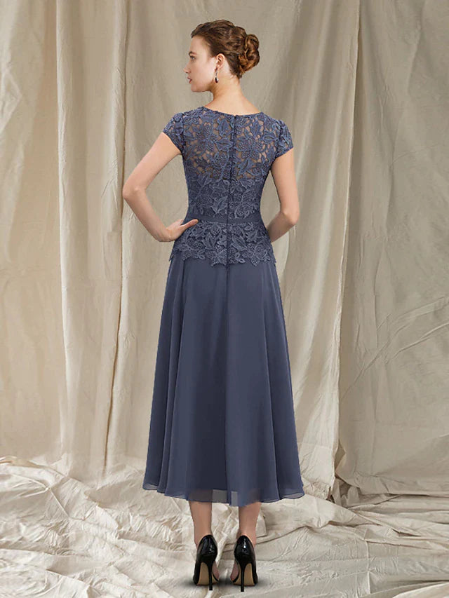 A-Line Mother of the Bride Dress Elegant Jewel Neck Tea Length Chiffon Lace Short Sleeve with Pleats Appliques