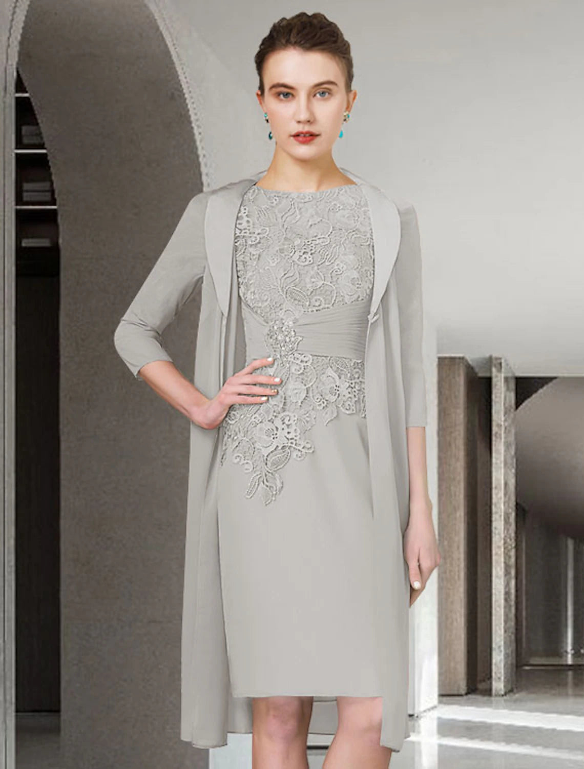 Two Piece Sheath / Column Mother of the Bride Dress Church Plus Size Elegant Jewel Neck Knee Length Chiffon Lace Half Sleeve Wrap Included Jacket Dresses with Ruched Appliques