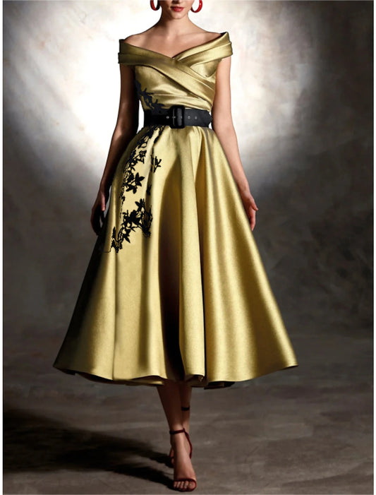 A-Line Cocktail Champagne Gold Dresses Vintage Dress Formal Wedding Guest Tea Length Sleeveless Off Shoulder Satin with Pleats Appliques