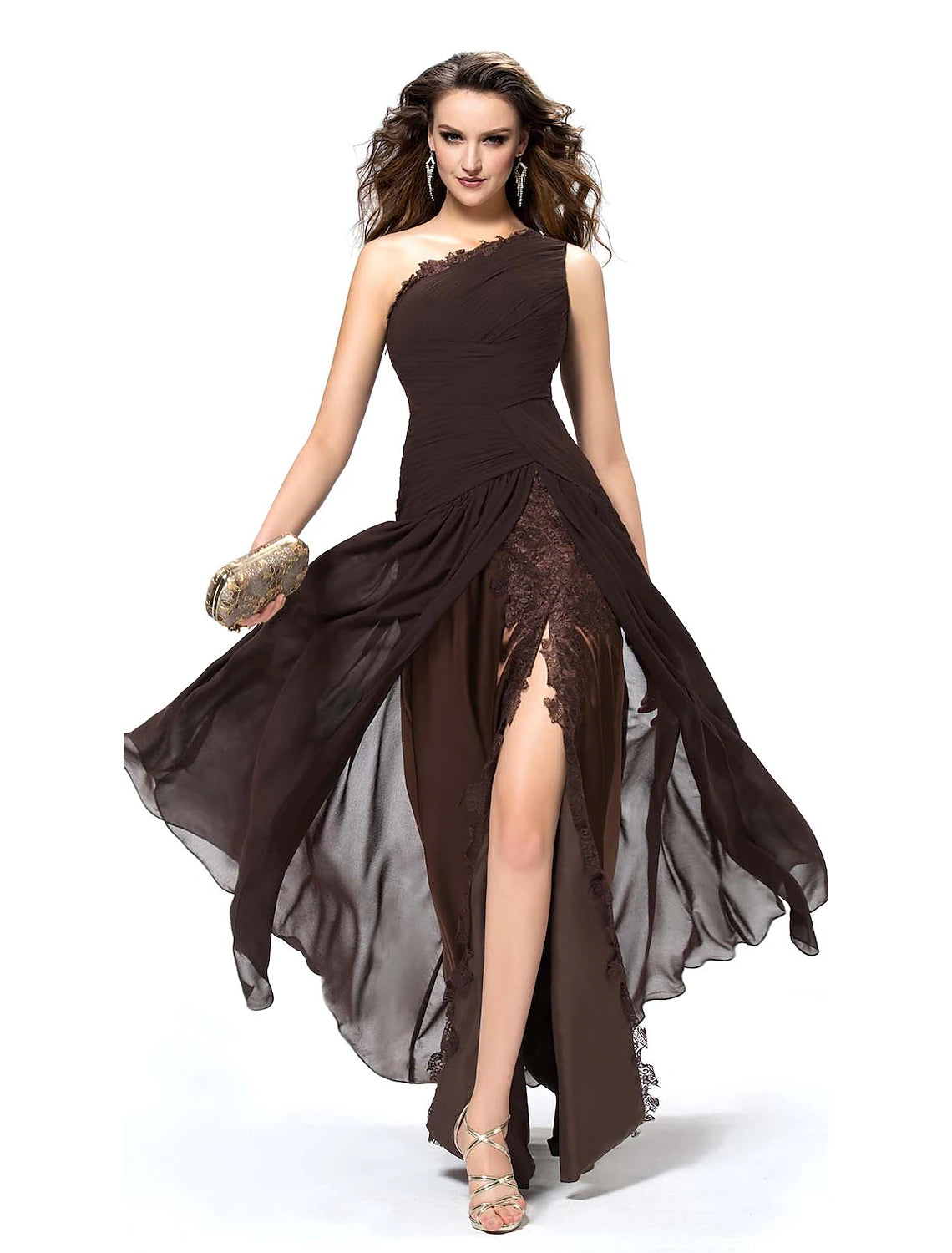 A-Line Elegant Sexy Party Wear Formal Evening Dress One Shoulder Backless Sleeveless Floor Length Chiffon with Slit Lace Insert