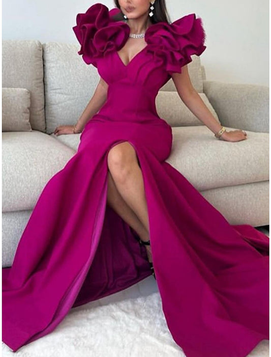 A-Line Evening Gown Elegant Dress Formal Floor Length Short Sleeve V Neck Polyester with Pleats Ruffles Slit