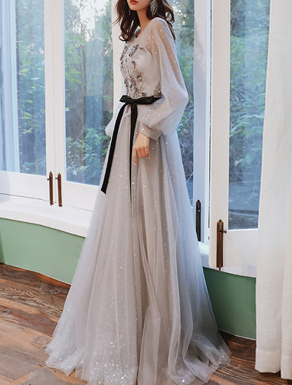 A-Line Prom Dresses Floral Dress Wedding Guest Engagement Sweep / Brush Train Long Sleeve Jewel Neck Tulle with Appliques