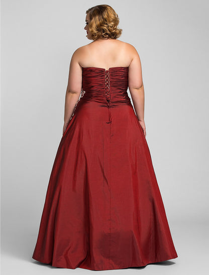 Ball Gown Plus Size Prom Formal Evening Dress Strapless Sleeveless Floor Length Taffeta with Beading Appliques