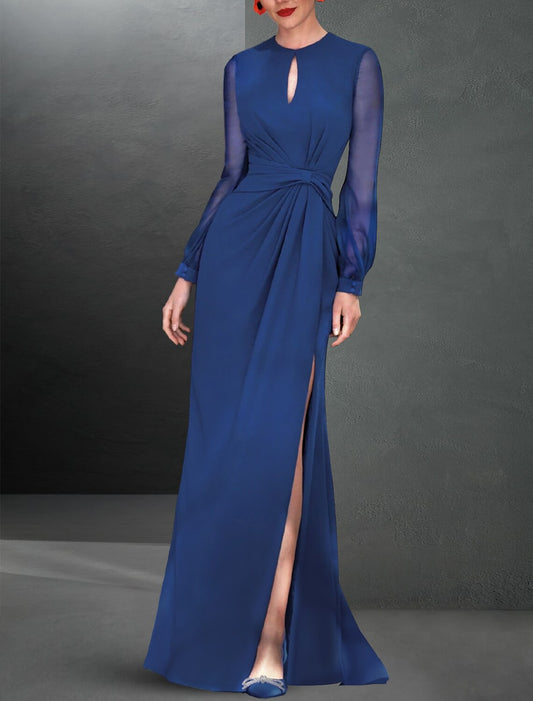 A-Line Evening Gown Elegant Dress Formal Wedding Guest Floor Length Long Sleeve Jewel Neck Stretch Chiffon with Ruched Slit