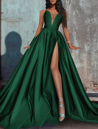 A-Line Evening Gown Red Green Dress Formal Wedding Party Court Train Sleeveless Strapless Satin with Pleats Slit