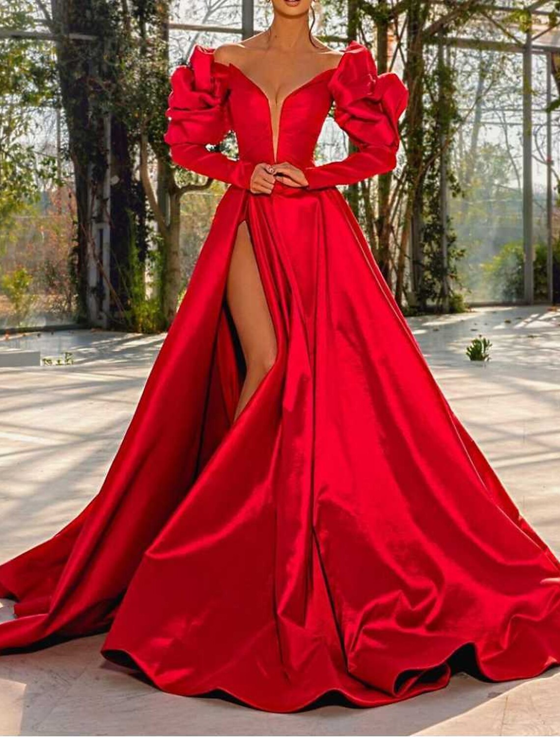 A-Line Evening Gown Sexy Dress Masquerade Prom Court Train Long Sleeve V Neck Satin with Slit