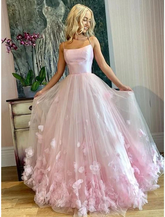 A-Line Prom Dresses Floral Dress Performance Sweet 16 Floor Length Sleeveless Spaghetti Strap Tulle with Pleats Appliques