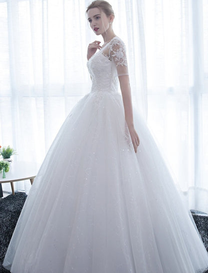 Reception Formal Wedding Dresses Ball Gown Illusion Neck Half Sleeve Floor Length Satin Bridal Gowns With Lace