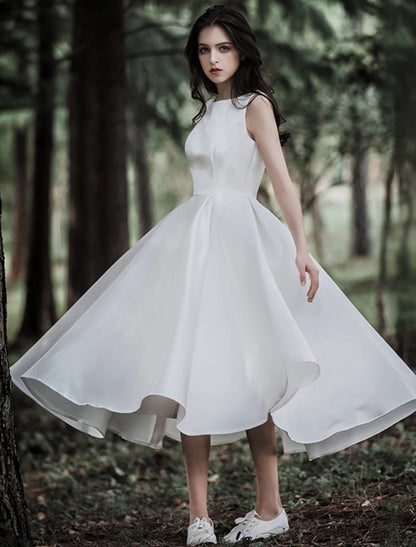 Reception Little White Dresses Wedding Dresses A-Line Scoop Neck Sleeveless Tea Length Satin Bridal Gowns With