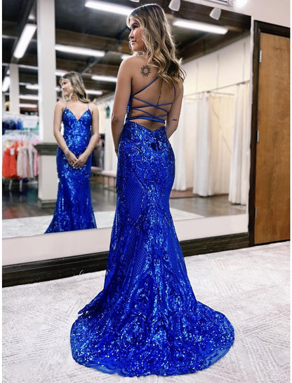 Mermaid / Trumpet Prom Dresses Sparkle & Shine Dress Formal Sweep / Brush Train Sleeveless V Neck Sequined Backless with Glitter Sequin