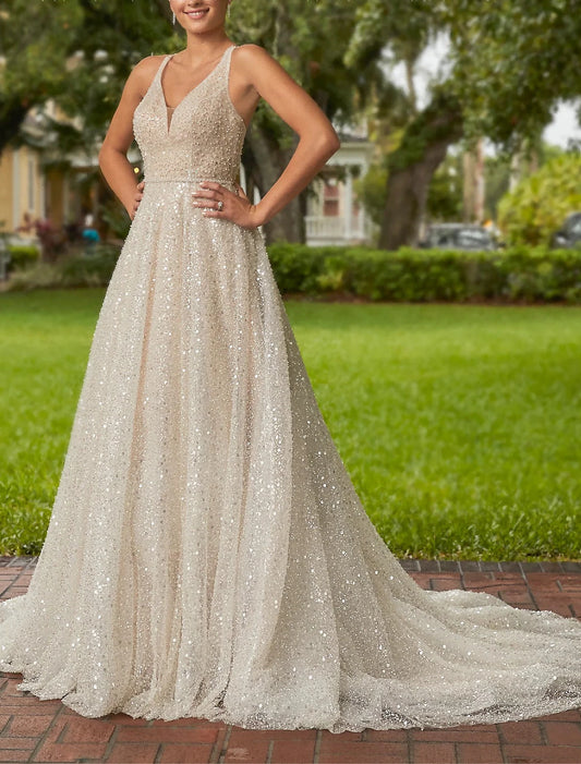 Hall Formal Wedding Dresses A-Line V Neck Sleeveless Sweep / Brush Train Tulle Bridal Gowns With Beading Solid Color