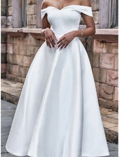 Hall Little White Dresses Wedding Dresses A-Line Off Shoulder Short Sleeve Ankle Length Satin Bridal Gowns With Pleats Solid Color