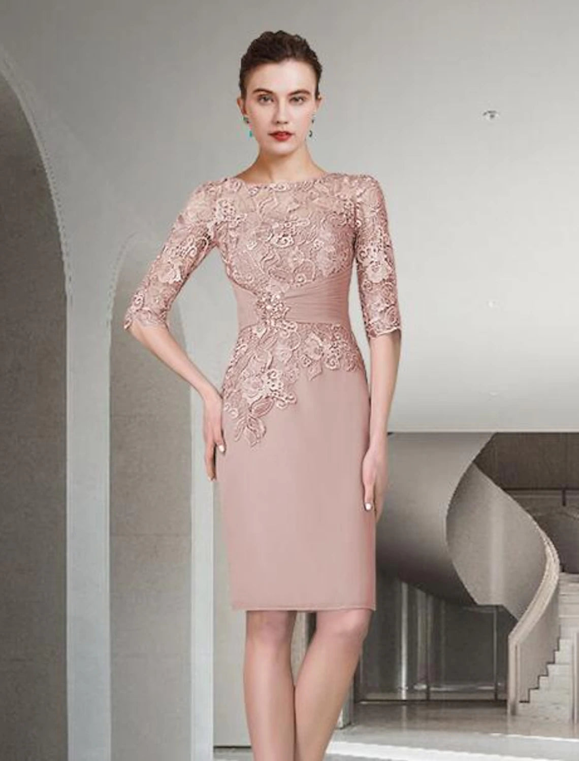 Two Piece Sheath / Column Mother of the Bride Dress Church Plus Size Elegant Jewel Neck Knee Length Chiffon Lace Half Sleeve Wrap Included Jacket Dresses with Ruched Appliques