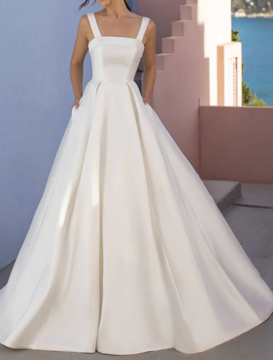 Hall Casual Wedding Dresses A-Line Square Neck Regular Straps Sweep / Brush Train Satin Bridal Gowns With Pleats