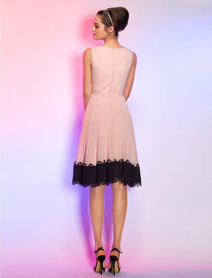 A-Line Vintage Dress Homecoming Knee Length Sleeveless Boat Neck Chiffon with Lace Insert