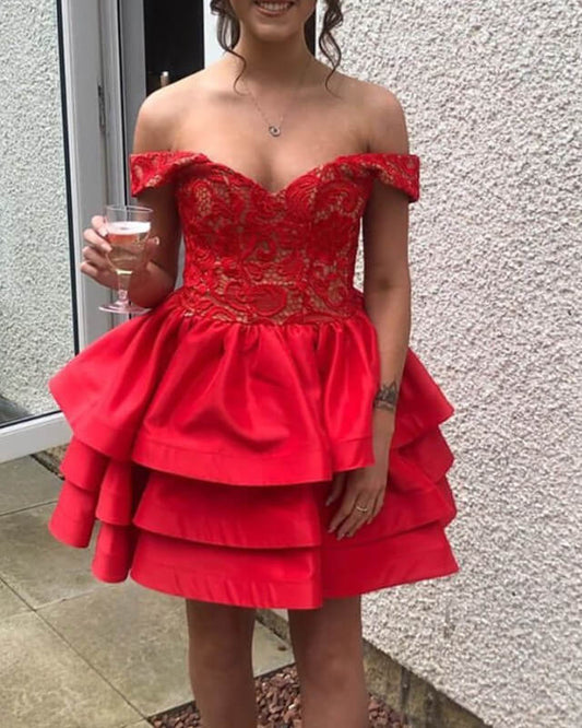 A-line Off The Shoulder Lace Short Ruffles Satin Homecoming Dresses