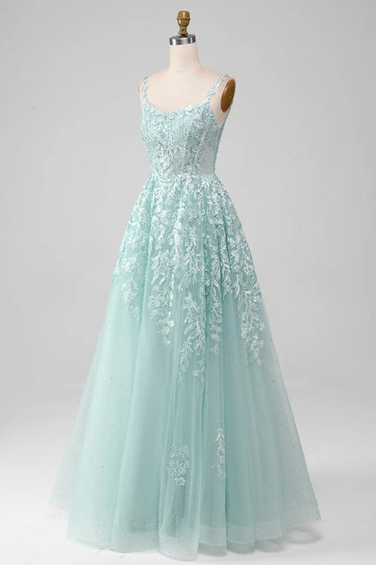 A-Line Glitter Tulle Lace Long Prom Dress