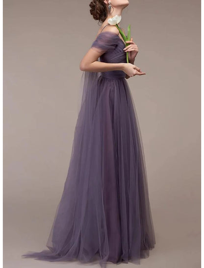 A-Line Wedding Guest Dresses Elegant Dress Evening Party Summer Sweep / Brush Train Sleeveless Off Shoulder Tulle with Ruched