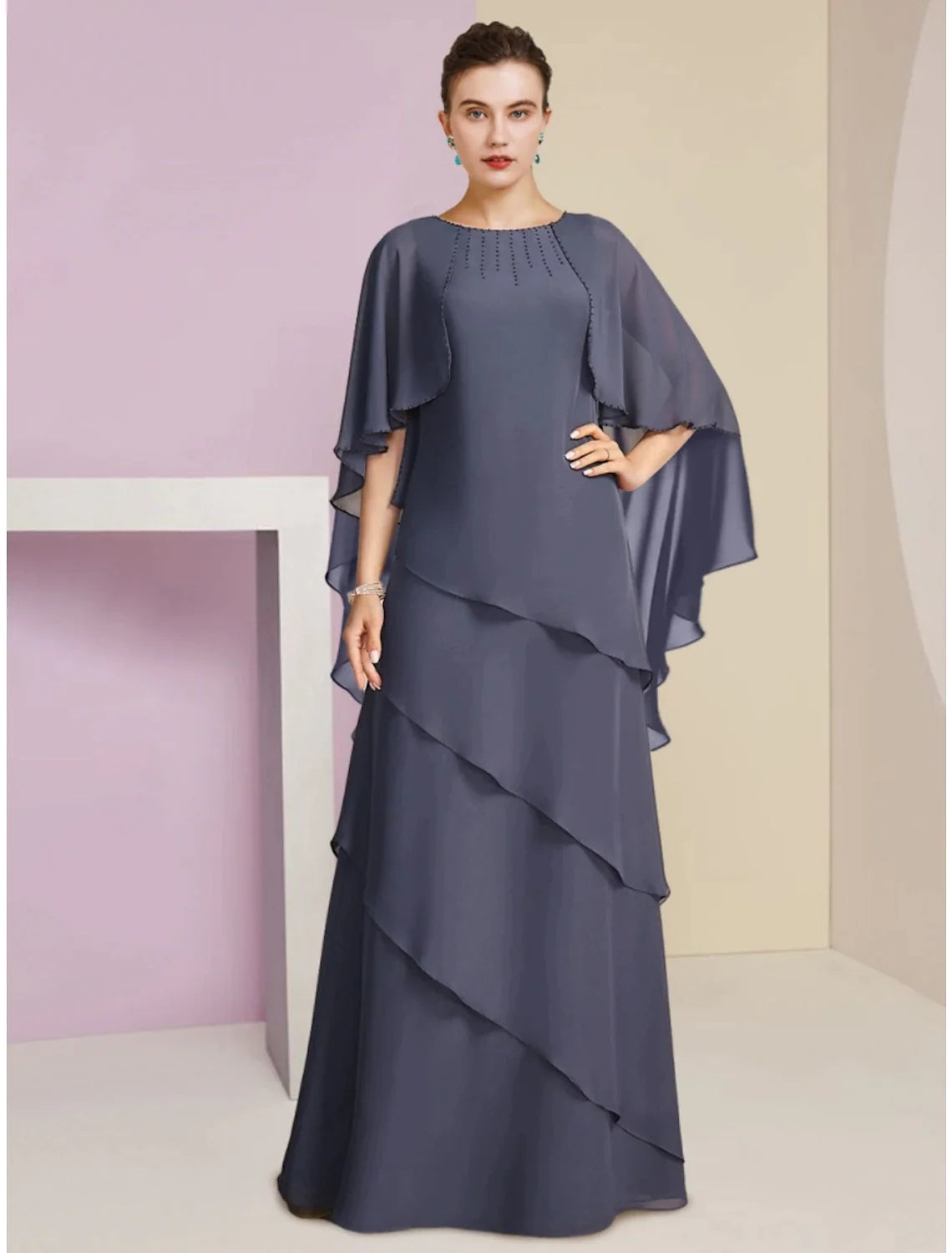 Sheath / Column Mother of the Bride Dress Wedding Guest Elegant Jewel Neck Floor Length Chiffon Half Sleeve with Sequin Tier Solid Color