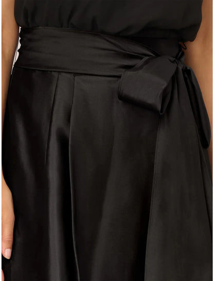 A-Line Wedding Guest Dresses Party Dress Formal Black Dress Plus Size Asymmetrical Sleeveless Jewel Neck Satin with Bow(s) Pleats Crystals