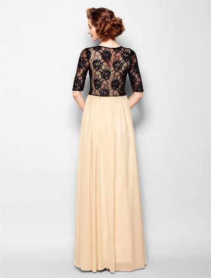 A-Line Mother of the Bride Dress Wrap Included V Neck Floor Length Chiffon Lace Half Sleeve yes with Lace