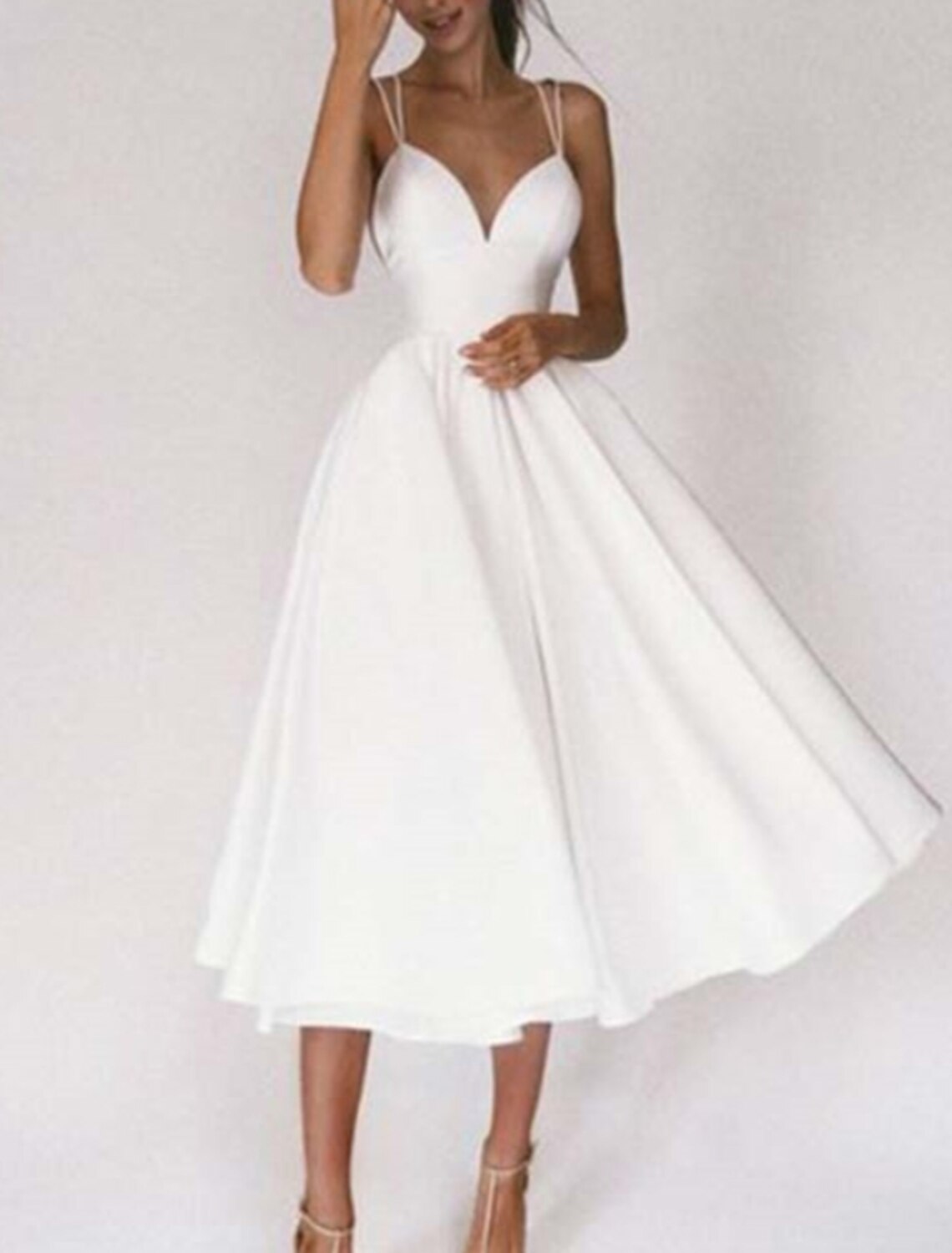 Reception Little White Dresses Wedding Dresses A-Line Sweetheart Camisole Spaghetti Strap Tea Length Chiffon Bridal Gowns With Pleats