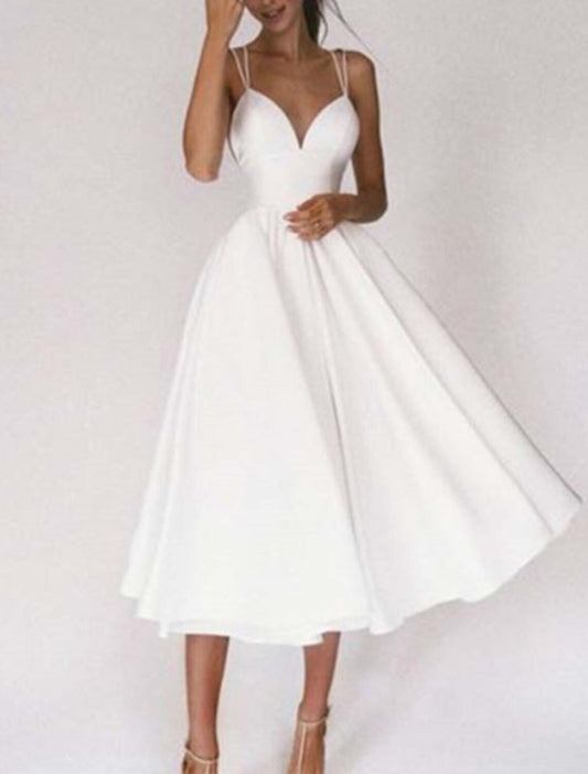 Reception Little White Dresses Wedding Dresses A-Line Sweetheart Camisole Spaghetti Strap Tea Length Chiffon Bridal Gowns With Pleats