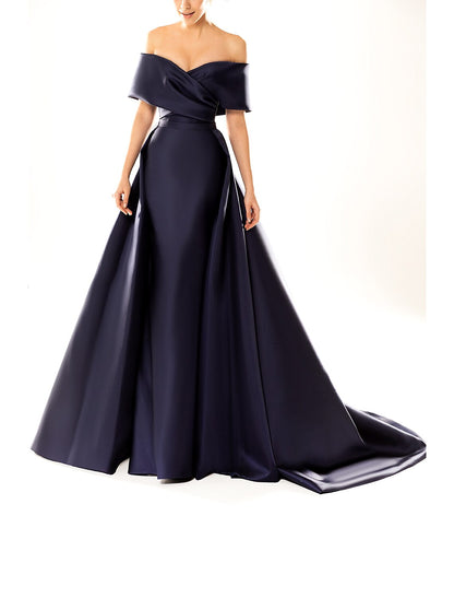 A-Line Evening Gown Empire Dress Wedding Guest Formal Evening Court Train Short Sleeve Off Shoulder Satin with Pleats Pure Color