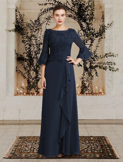 Sheath / Column Mother of the Bride Dress Plus Size Elegant Jewel Neck Floor Length Chiffon Lace Half Sleeve with Sequin Appliques